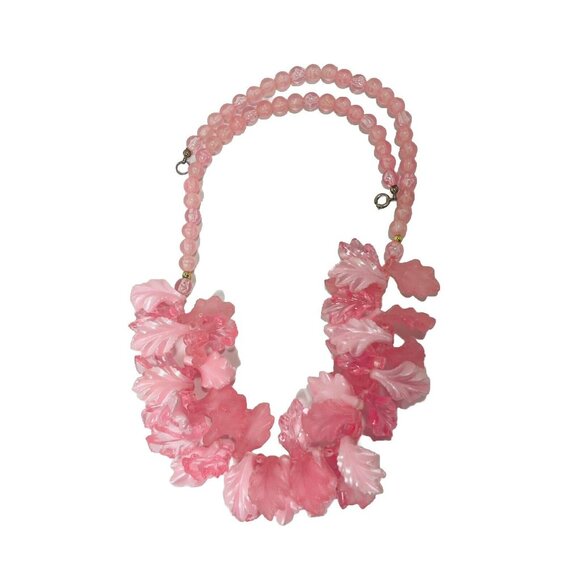 Pink Molded Lucite Leaf Frosted Bead Runway Couture Necklace 24”